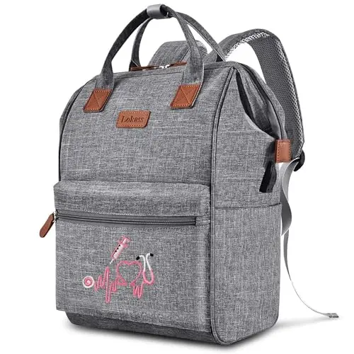 Grey nurse backpack with a wide opening and side water bottle pockets