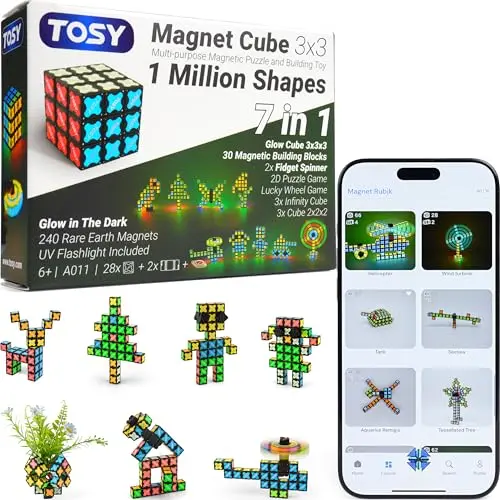 TOSY Magnet Cube 3x3 transformed into a fidget spinner shape with colorful glowing blocks.