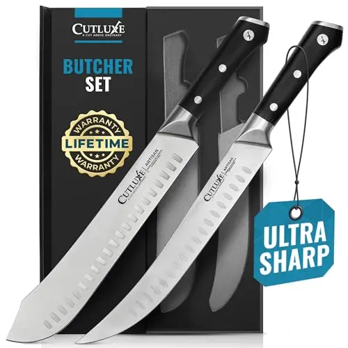 Cutluxe Butcher Knife Set with 10-inch cimeter breaking knife and bullnose carving knife