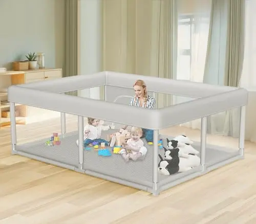 Hiaksedt grey baby playpen with mesh walls and zipper door