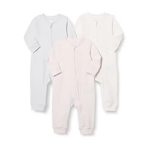Amazon Essentials ivory, pink, and grey zip-front footless baby sleepsuit 3-pack