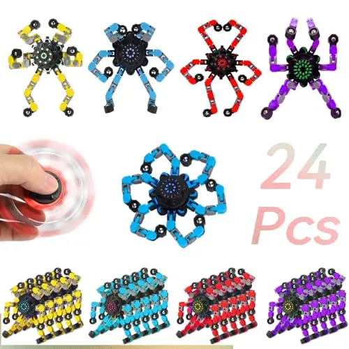 Multiple small, colorful chain-link fidget spinners that can be transformed into shapes.