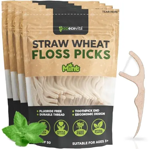 GoEcoVita Dental Floss Picks with mint flavor and straw wheat handle