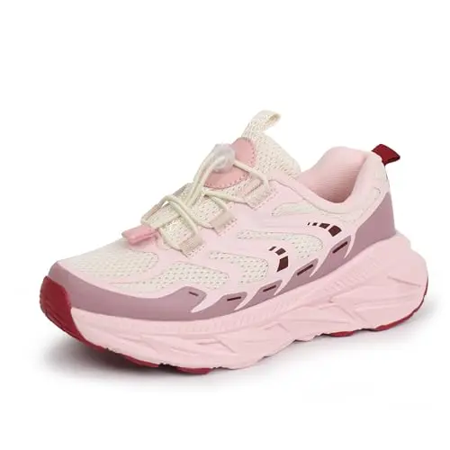 Tobfis Kids Arch Support Bungee Trail Running Shoes in pink with no-tie laces