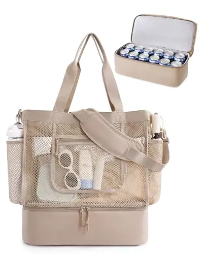 BAGSMART Mesh Tote Beach Bag with Cooler in Camel