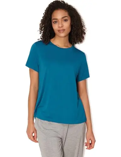 GYS women's short sleeve crewneck top in teal blue with loose fit