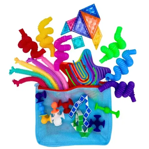 31-piece travel fidget toy set in blue carrying bag with various sensory items