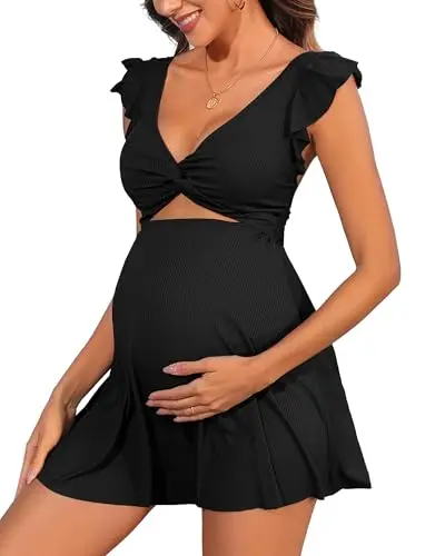 Charmo black ribbed one-piece maternity swimsuit with ruffle shoulder straps and side cutout design