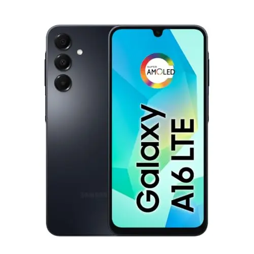 Samsung Galaxy A16 smartphone in black with AMOLED display and dual SIM