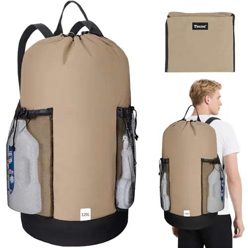 BALEINE khaki laundry backpack that folds into its own pocket