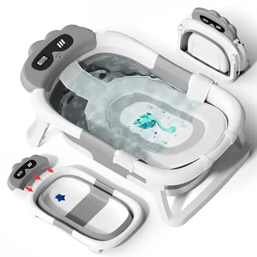AVIDOR collapsible baby bathtub in grey with a cute dinosaur-shaped design and a built-in thermometer.