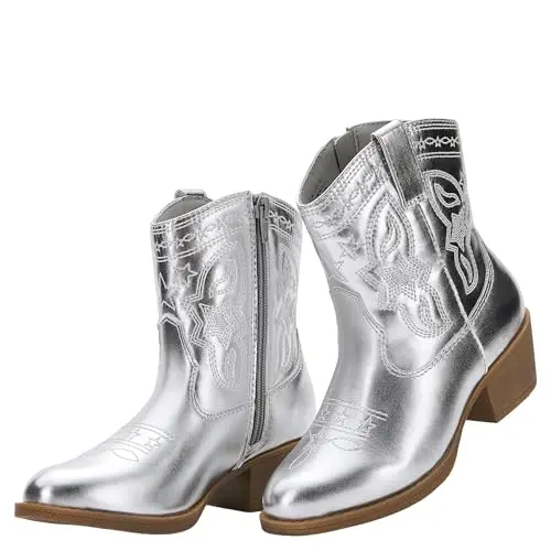 PatPat silver cowgirl boots for girls with embroidered stars and side zipper