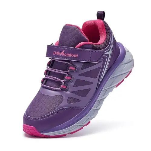 Purple orthopedic walking shoes for kids with arch support and hook-and-loop closures