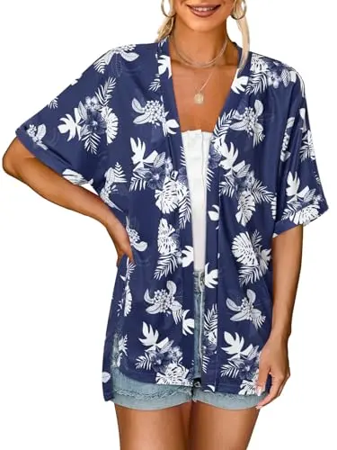 Merokeety women's short sleeve floral cardigan in navy
