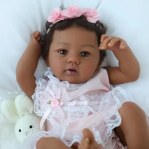 KSBD 18-inch realistic African American reborn baby doll with weighted soft body and pink dress