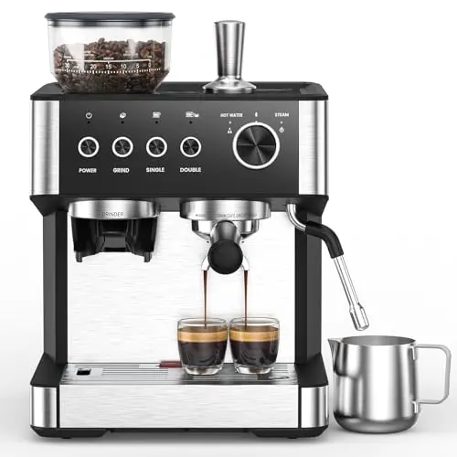Electactic black espresso machine with built-in grinder and steam wand