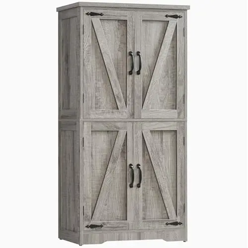 TEENFON farmhouse storage cabinet with four barn doors in rustic gray finish