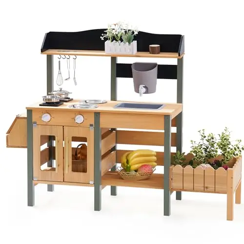 ROBUD outdoor wooden mud kitchen for kids with a sink, faucet, and storage shelves.