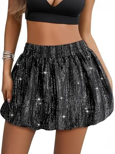 Ezcosplay Women Bubble Mini Skirt with glitter in black