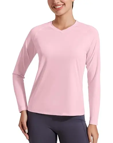 Pioneer Camp Women's Sun Shirt in pink, showing V-neck and long sleeves