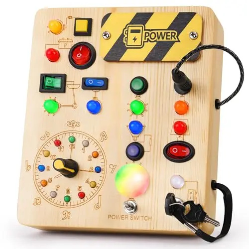 OAKJAR wooden busy board for toddlers with multiple LED lights and switches