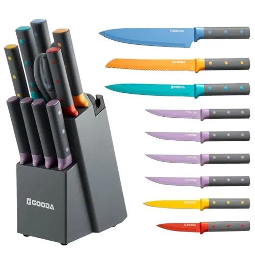 GOODA 11-piece multicolor knife set with a built-in sharpener block