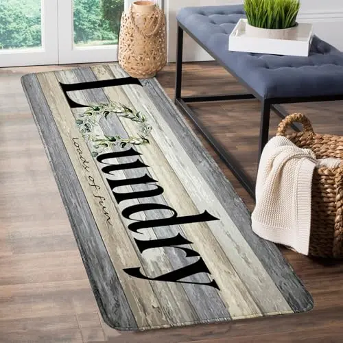 Grey multi-colored floral pattern laundry room runner rug