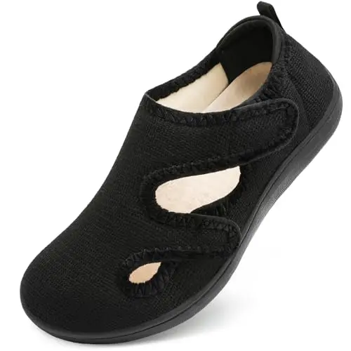 Scurtain wide house slippers for women with velvet lining and adjustable straps for swollen feet