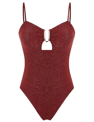 ZAFUL women's metallic shiny one-piece swimsuit with U-wire and cutout in wine red