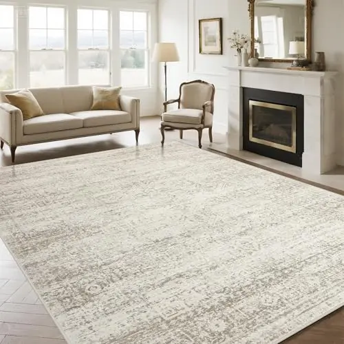 Srugn beige vintage washable 9x12 area rug with retro pattern