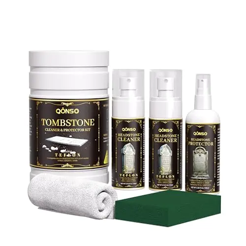 QONS headstone cleaner kit with multiple bottles and cloth