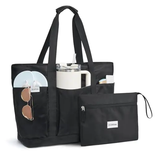G4Free black waterproof beach tote with front pockets and small pouch.