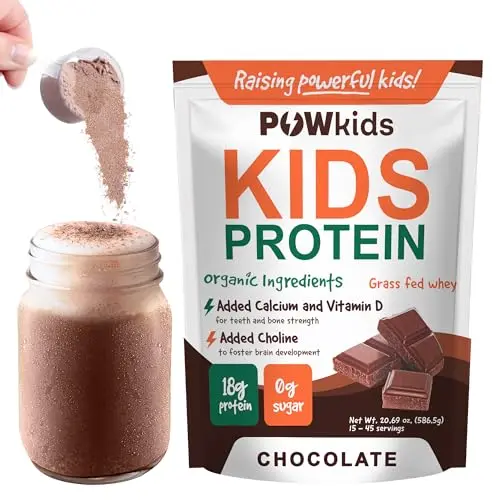 Tub of POWkids Chocolate protein powder with no added sugar