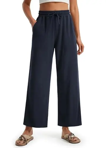 Libin Women's Linen Pants in navy, wide-leg style with side slit