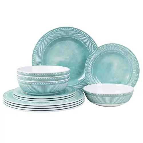 AELS melamine dinnerware set of 12 pieces in green with striped dot trim