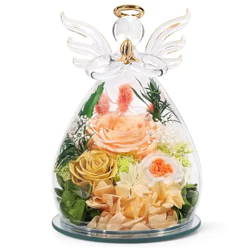 FIACO glass angel figurine with a preserved rose inside, illuminated by warm LED lights