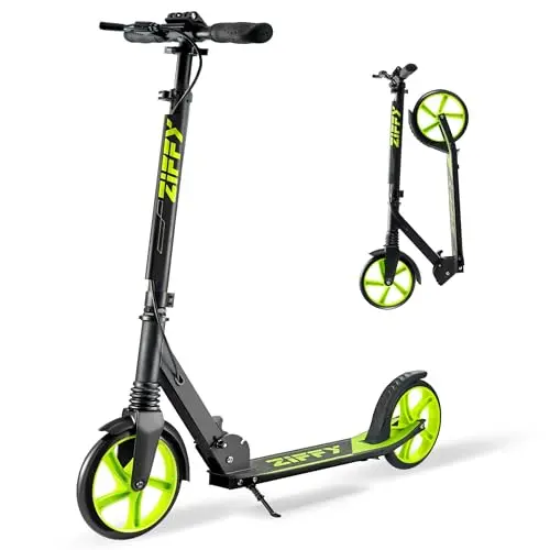 Ziffy foldable kick scooter for older kids with black green color and hand brake