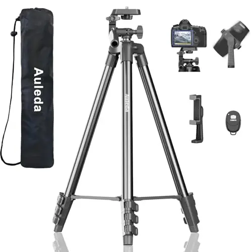 Auleda compact 60-inch black travel tripod with pan head and wireless remote.