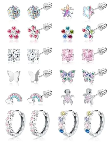FIASASO 12 pairs of hypoallergenic screw back earrings for girls, including star, flower, and butterfly studs with small hoop earrings.