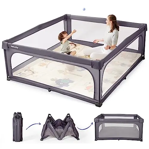 Sweeby dark grey 59x59 inch playpen folded flat showing its slim profile