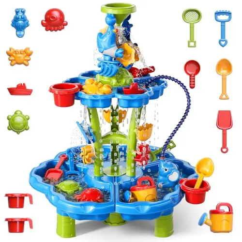 3 in 1 Flower Shape Water Table with pump, water wheels, and beach accessories