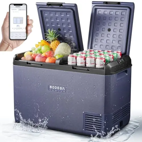 BODEGA 79QT dual zone car refrigerator in blue with wheels and handles