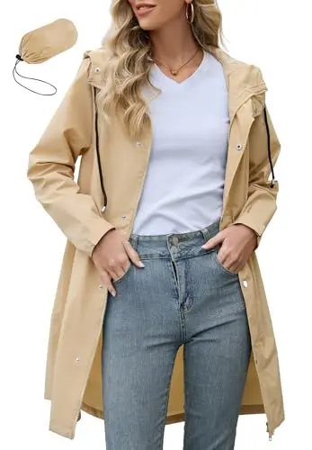Zando Women's Long Packable Rain Trench Coat in Light Khaki, showing a stylish, knee-length trench coat design.