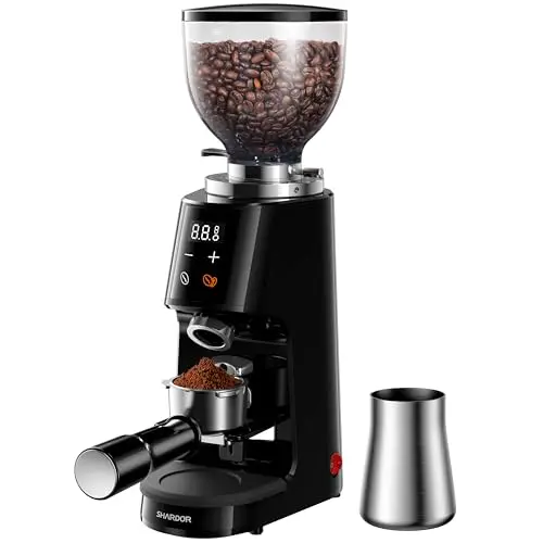 SHARDOR Professional 64mm Flat Burr Coffee Grinder in black with LED display