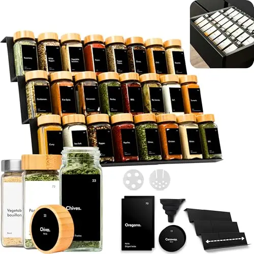 KIVY Drawer Spice Organizer with 24 glass jars and labels in a kitchen drawer