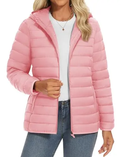 YUCOLEN women's pink quilted puffer jacket with a hood and elastic cuffs
