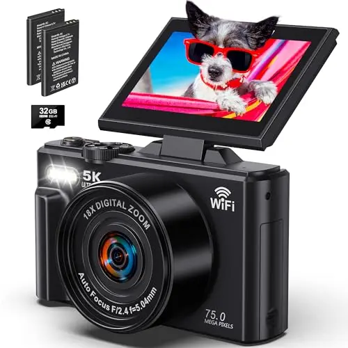 Black Pedtail 5K digital camera showing its WiFi symbol and flip screen