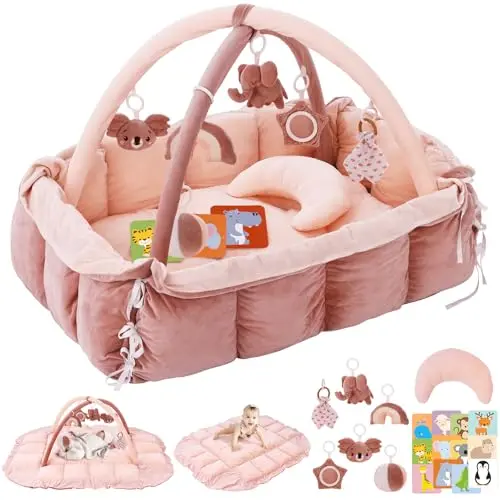 Soft pink 5-in-1 plush baby play gym with modular fence and sensory toys