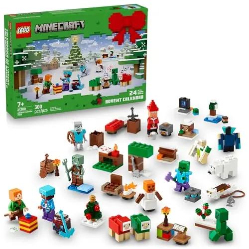 LEGO Minecraft Advent Calendar featuring blocky characters and winter builds