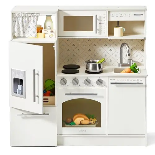 Tiny Land upgraded wooden kitchen toy with sink, stove, and coffee station